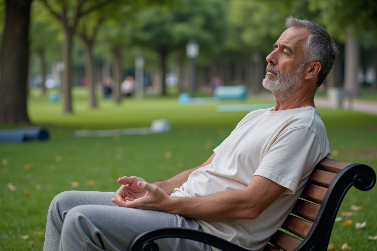 Homme reposant sur un banc dans un parc après yoga