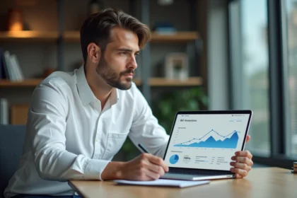 Homme concentré travaillant sur SEO dans un bureau moderne