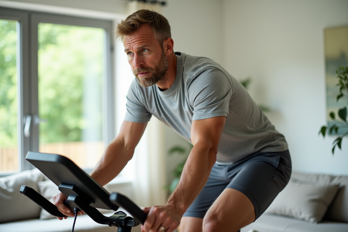 Homme en salle de sport sur vélo d