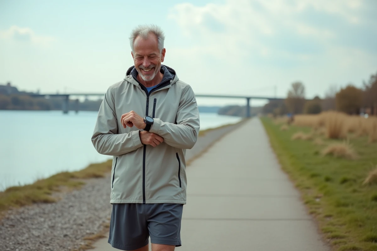 Homme vérifiant sa montre de sport au bord de la rivière