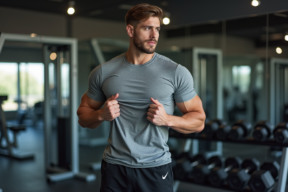 Jeune homme musclé vérifiant ses abdos dans un gym moderne