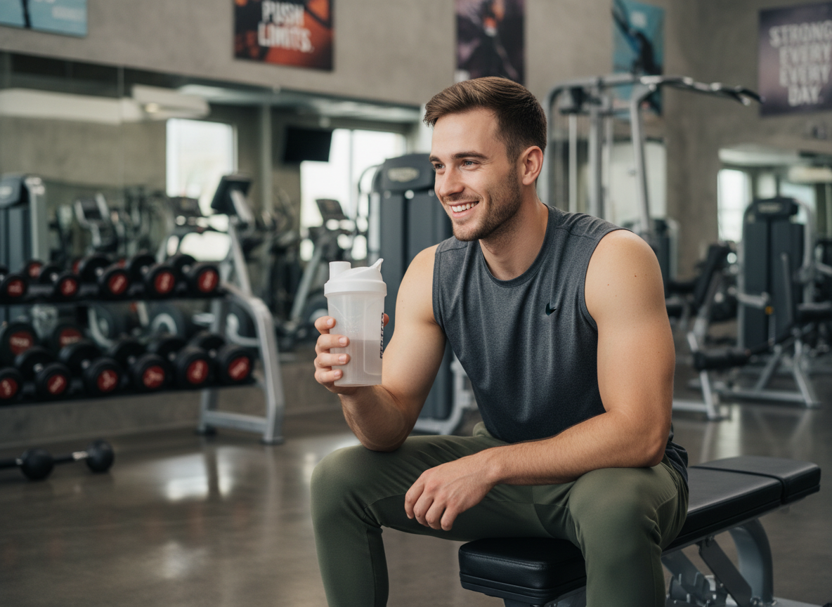 Jeune homme sportif souriant dans une salle de sport moderne
