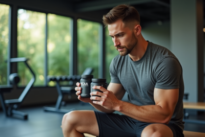 Jeune homme sportif compare des contenants de BCAA et creatine