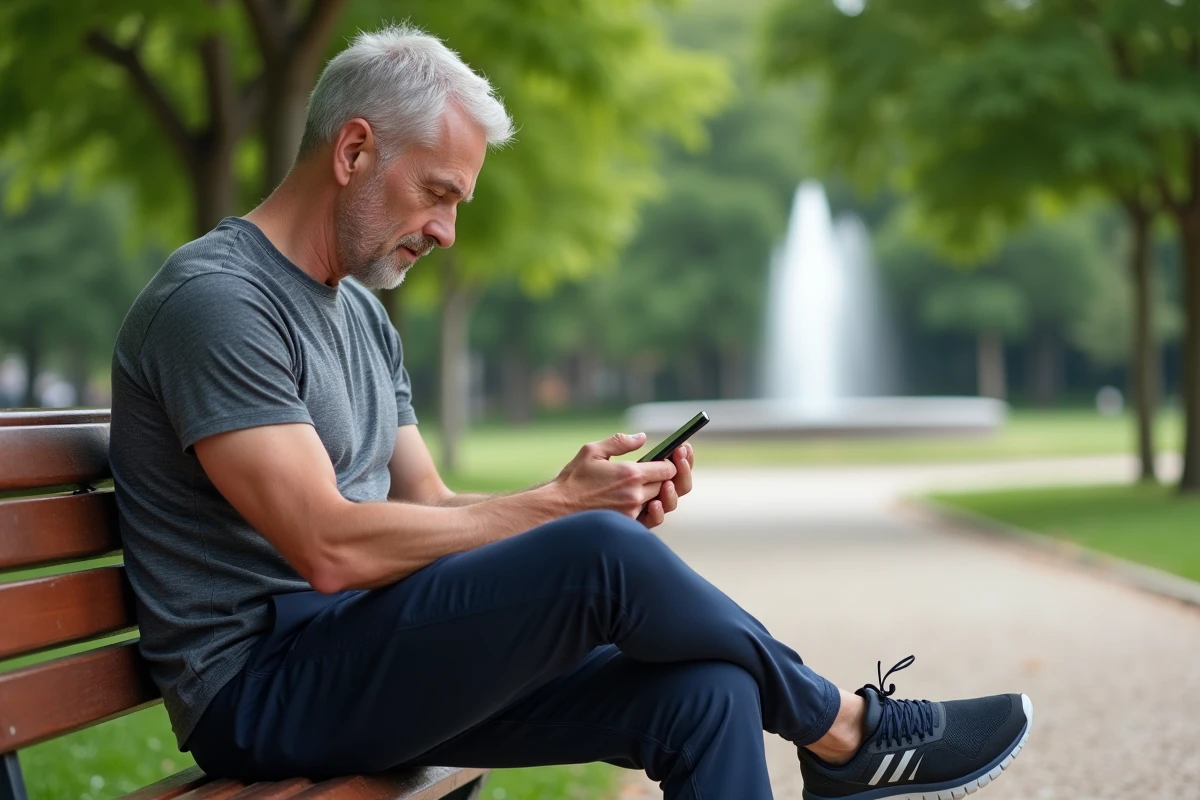 Homme consultant son application de suivi de pas sur smartphone assis dans un parc après une marche