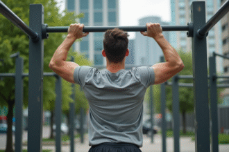 Jeune homme en pull-up dans un parc de fitness urbain