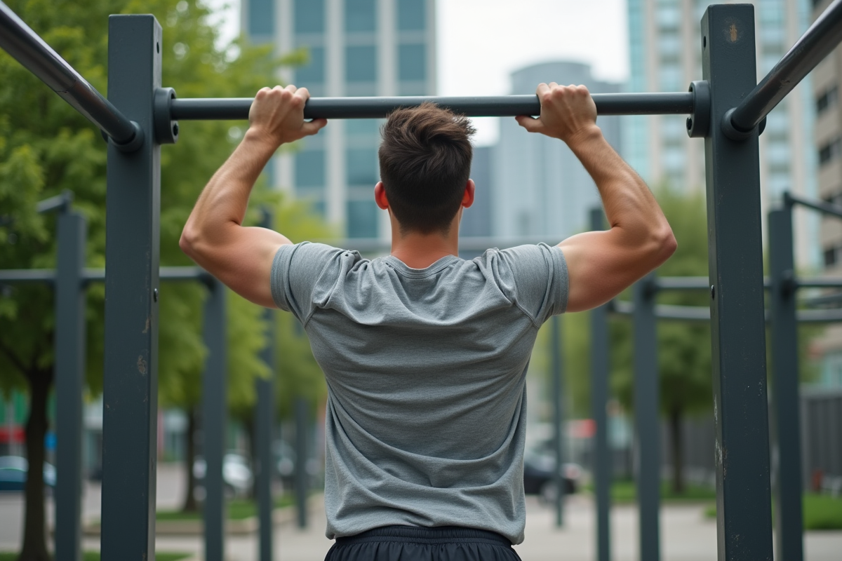 Jeune homme en pull-up dans un parc de fitness urbain