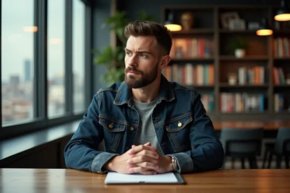 Homme en bureau moderne avec livres et souvenirs sportifs