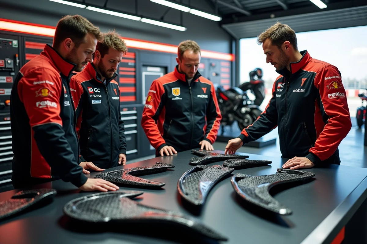 Ingénieurs MotoGP analysant les pièces aérodynamiques d'une moto dans le garage technique