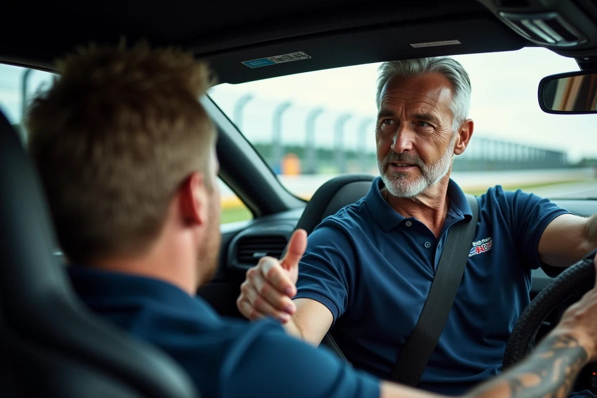 Instructeur de pilotage professionnel guidant un élève dans l'habitacle d'une voiture de sport sur circuit