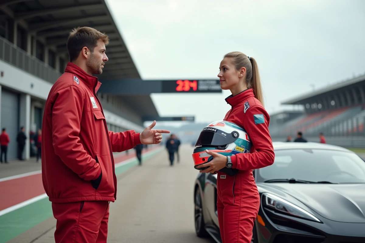 Instructrice de stage de pilotage expliquant la trajectoire à un stagiaire dans les stands d'un circuit automobile