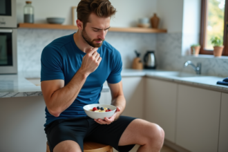 Jeune athlète mangeant un bol de flocons avec banane et fruits rouges