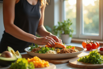 Jeune athlète préparant un repas équilibré coloré avec saumon grillé et avocat