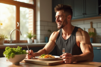Jeune homme sportif mangeant un repas sain au matin