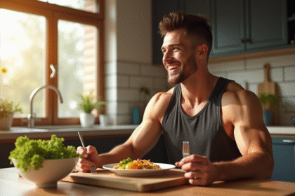 Jeune homme sportif mangeant un repas sain au matin