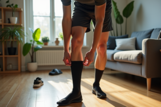 Jeune coureur homme en action avec chaussettes de compression