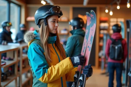 Jeune femme examine des skis dans un magasin de sport