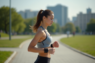 Jeune femme en tenue de sport vérifiant sa montre connectée en courant