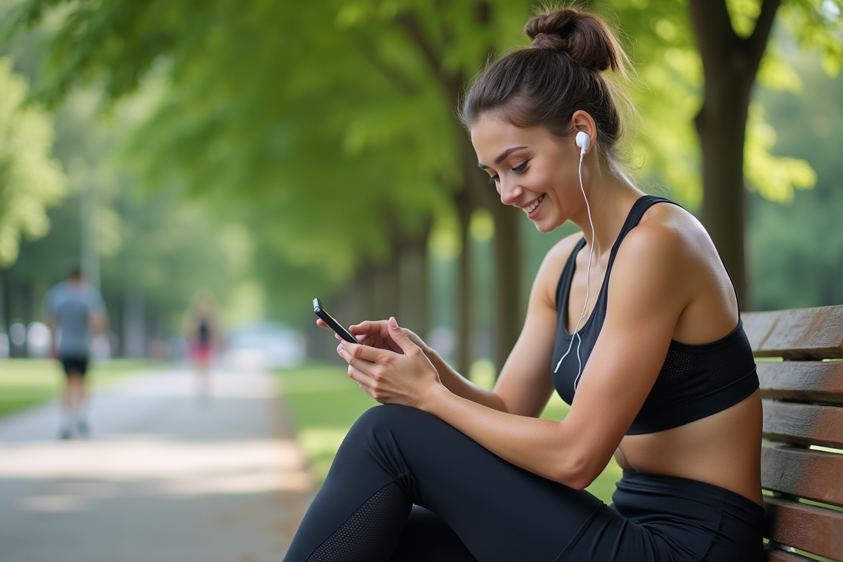 Jeune femme sportive utilisant une application fitness dans un parc urbain