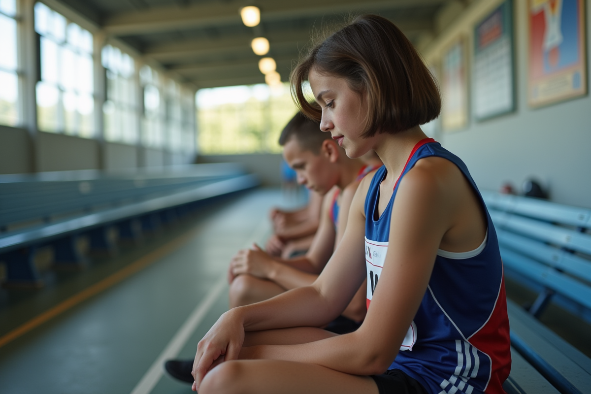 Jeune fille en tenue sportive ajustant son dossard dans le vestiaire