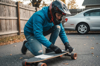 Jeune homme en windbreaker inspectant son skateboard en extérieur