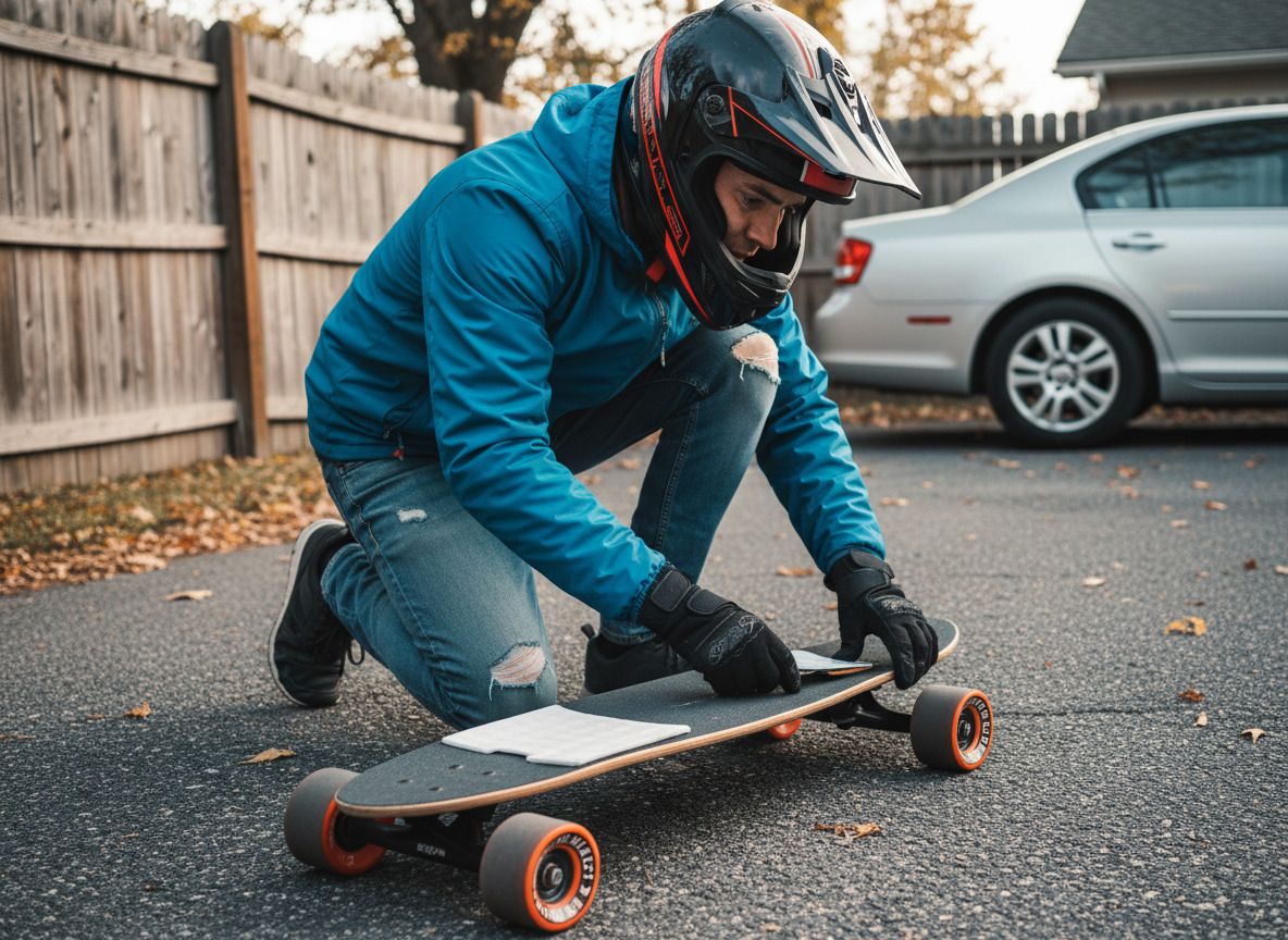 Jeune homme en windbreaker inspectant son skateboard en extérieur