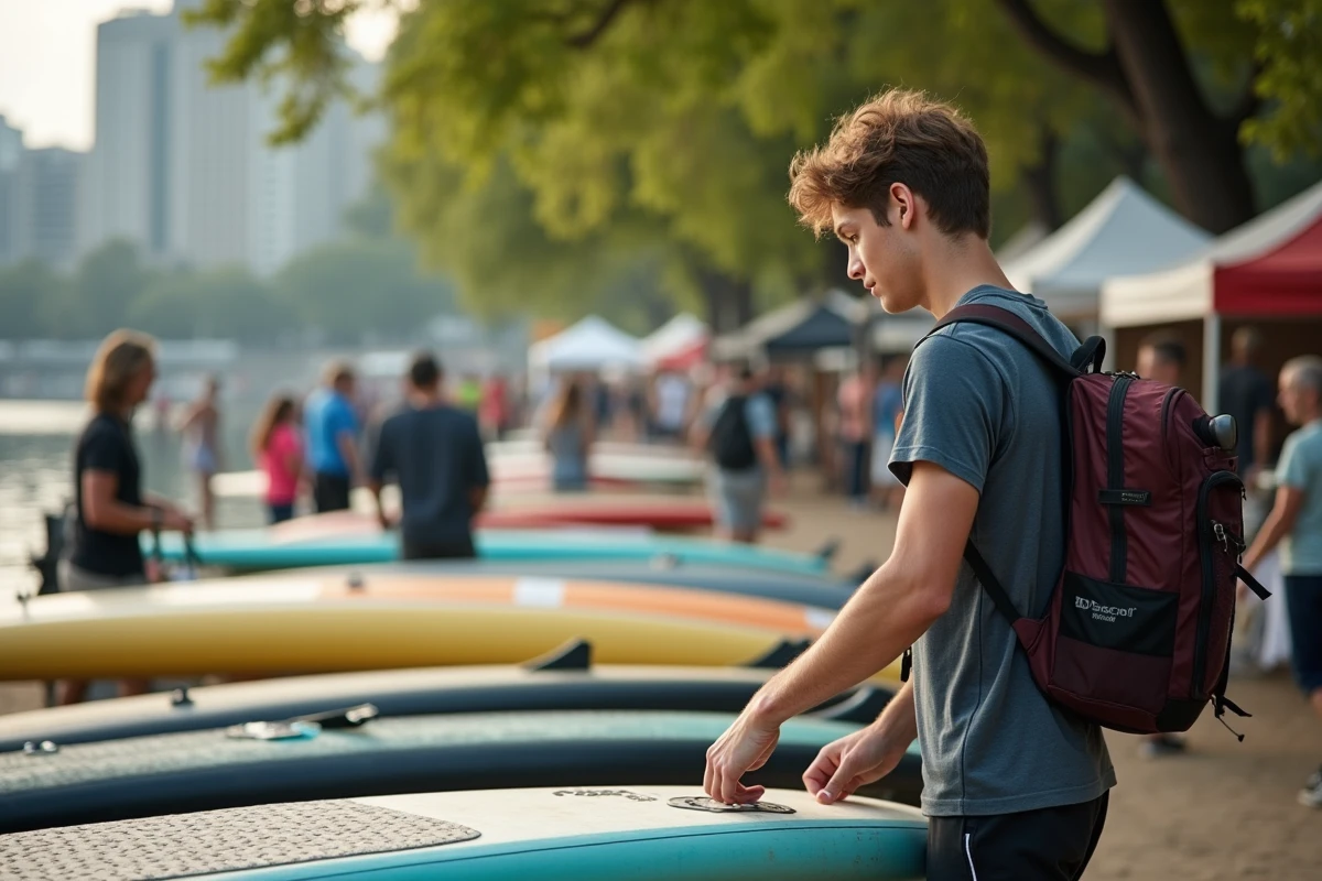 Jeune homme inspectant des paddleboards d