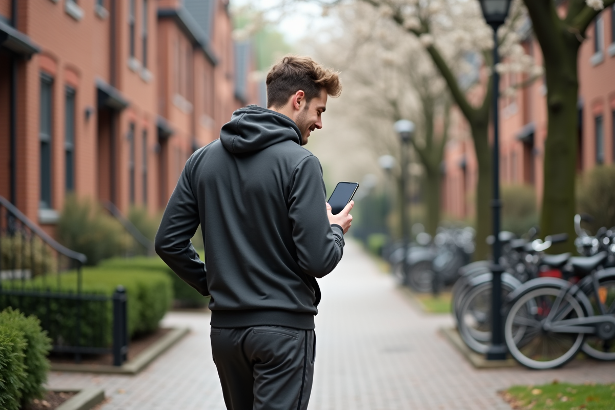 Jeune homme souriant vérifiant son compteur de pas dans un quartier résidentiel