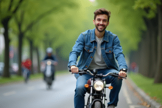 Jeune homme souriant sur une moto 50 cc en ville