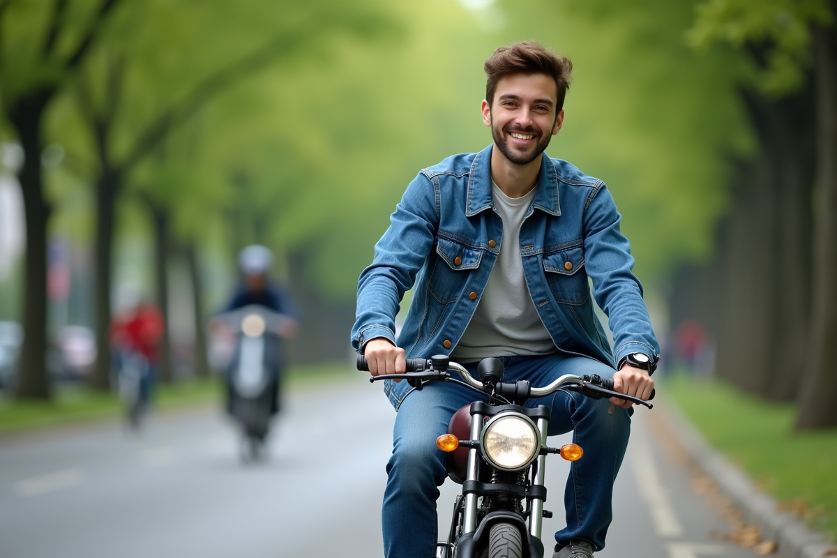 Jeune homme souriant sur une moto 50 cc en ville