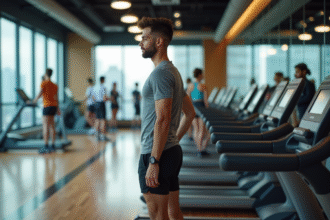 Jeune homme examine machines de musculation dans un gym moderne