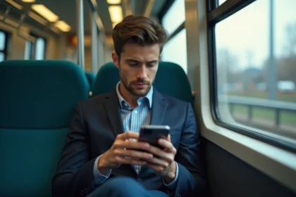 Jeune homme en train dans le train utilisant son smartphone