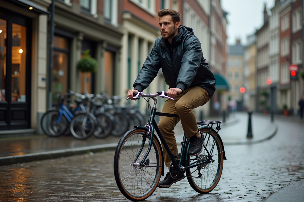 Jeune homme à vélo vintage près d