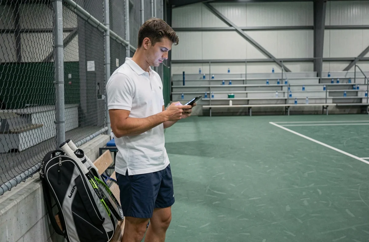 Jeune joueur de tennis consultant une application financière sur son téléphone dans un centre d'entraînement après avoir perçu sa prime de tournoi