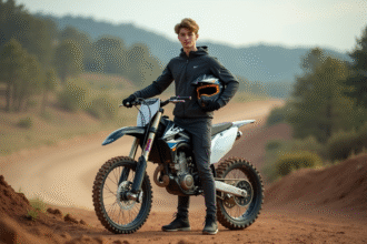 Jeune homme en motocross avec moto 125cc en extérieur