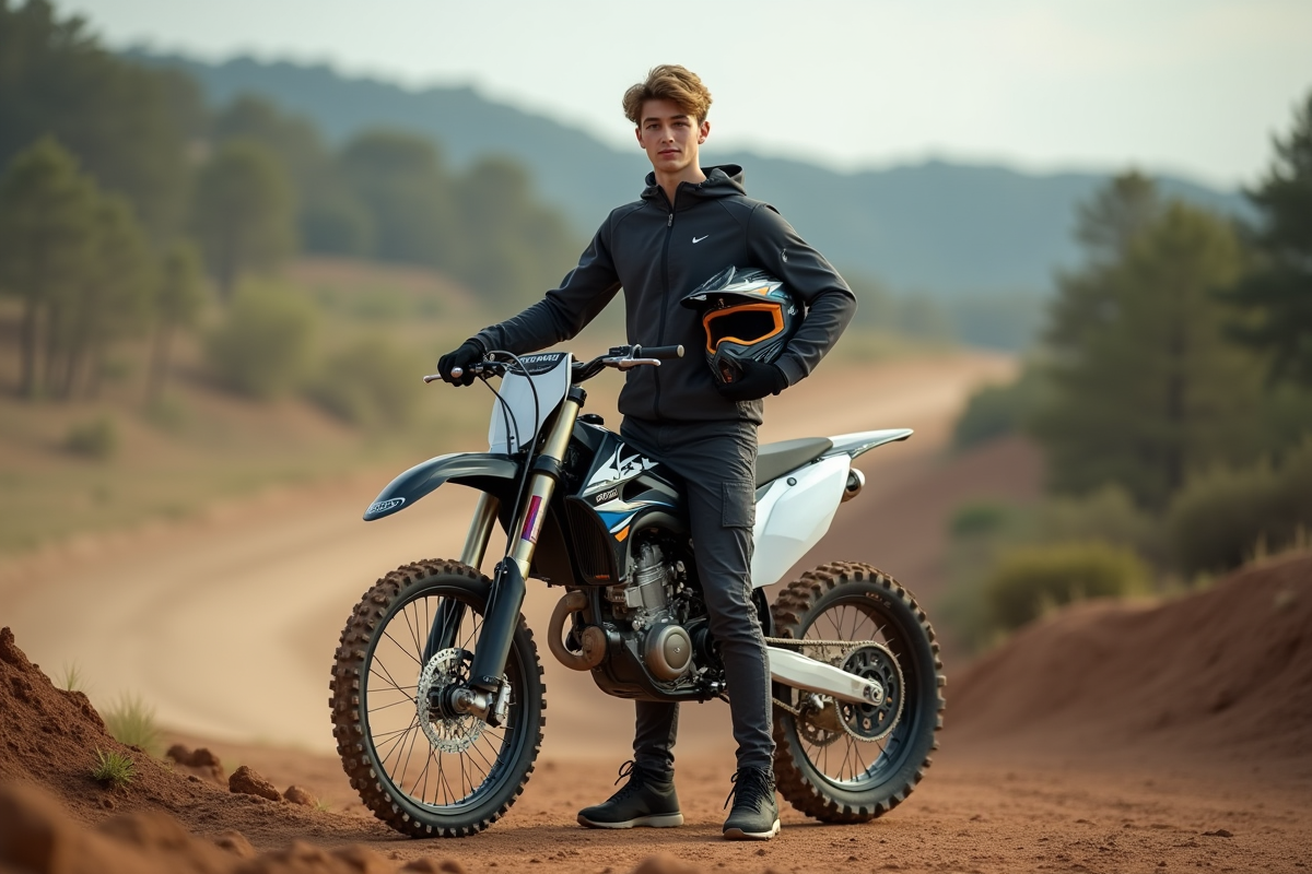 Jeune homme en motocross avec moto 125cc en extérieur
