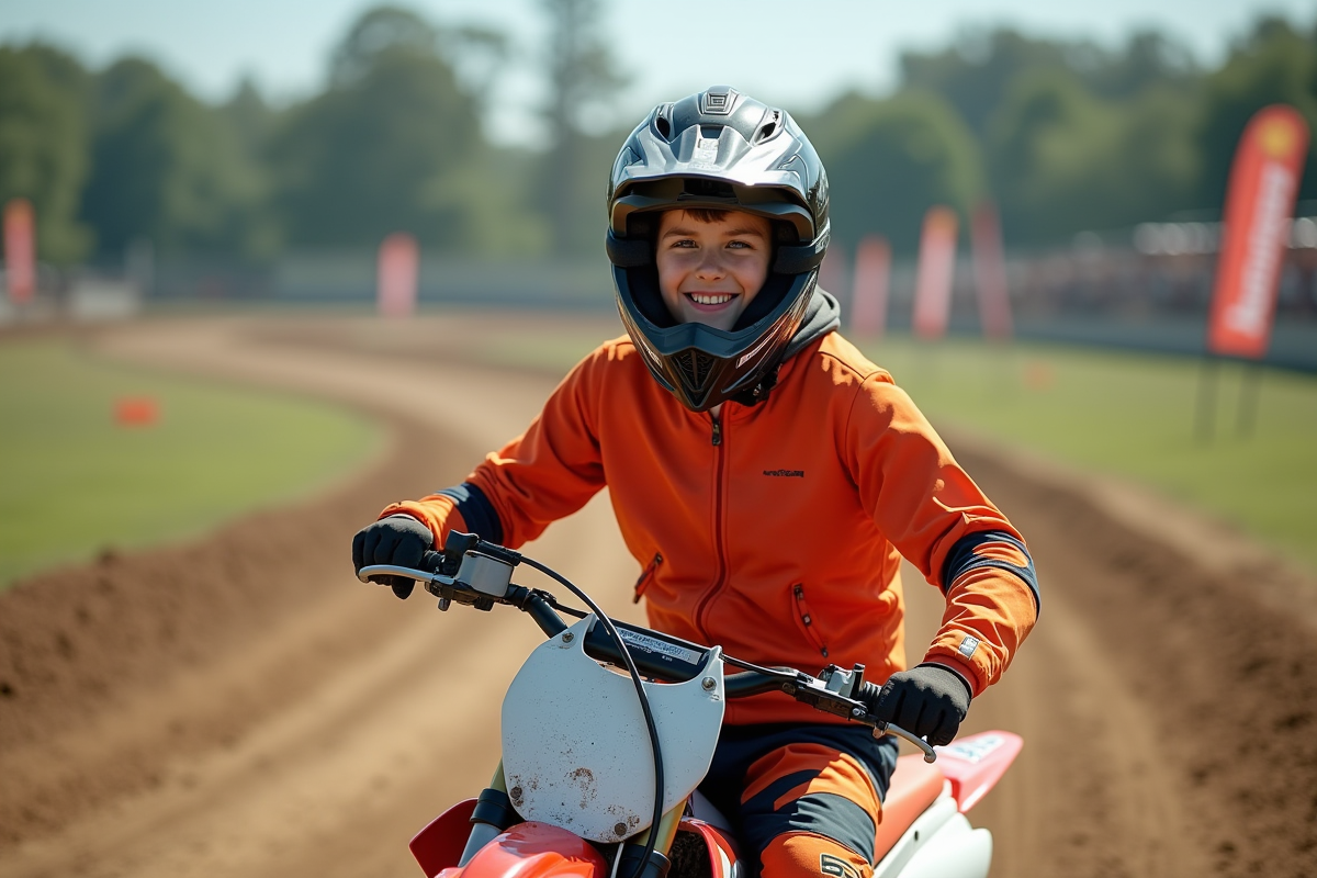 Jeune rider motocross souriant sur une moto 150cc en extérieur