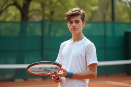 Jeune garçon de tennis examine deux raquettes sur un court en terre battue
