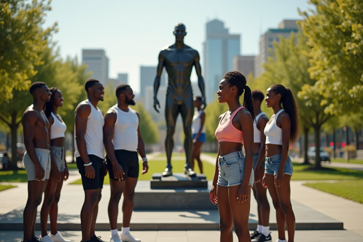 Jeunes athlètes admirant une statue dans un parc urbain
