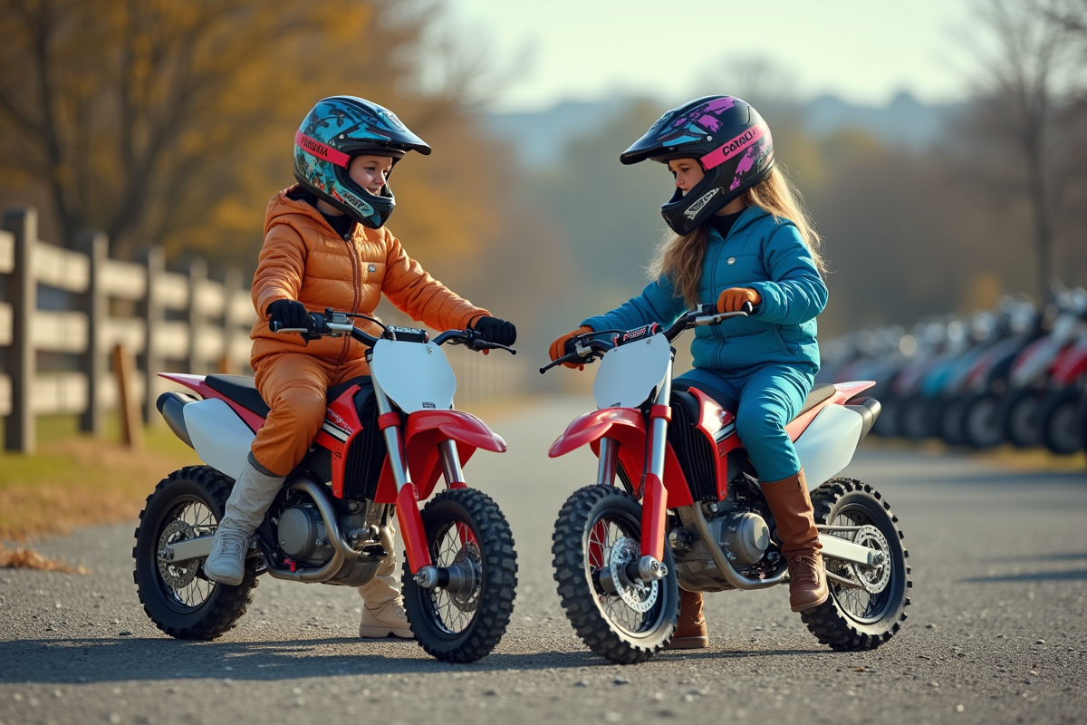 Deux adolescentes découvrant des motos motocross en concession