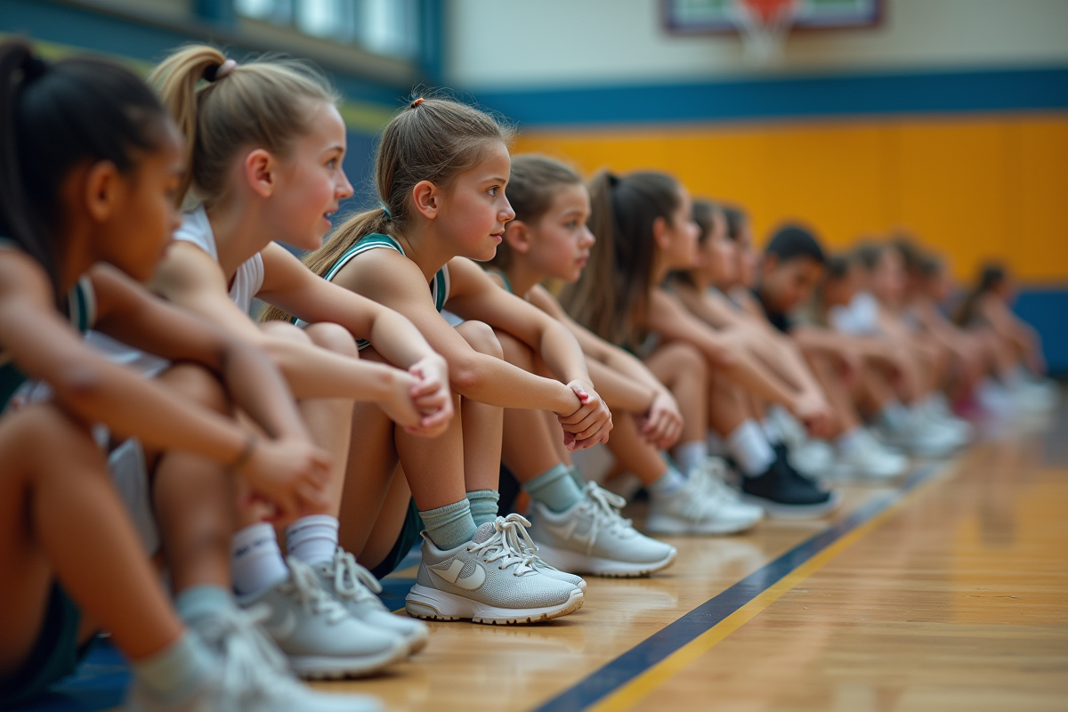 Jeunes filles en sportwear assises en gymnase en réflexion