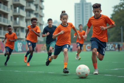 Groupe de jeunes jouant sport urbain dynamique en extérieur