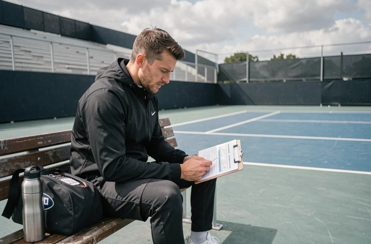 Joueur de tennis ATP consultant un tableau de points par catégorie de tournoi en dehors du court
