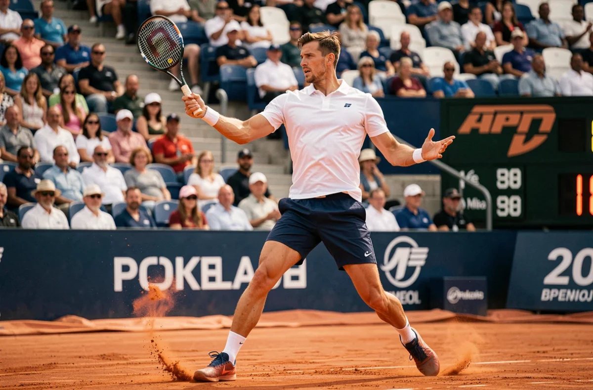 Joueur de tennis professionnel ATP en plein revers sur terre battue lors d'un tournoi officiel