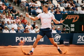 Joueur de tennis professionnel ATP en plein revers sur terre battue lors d'un tournoi officiel