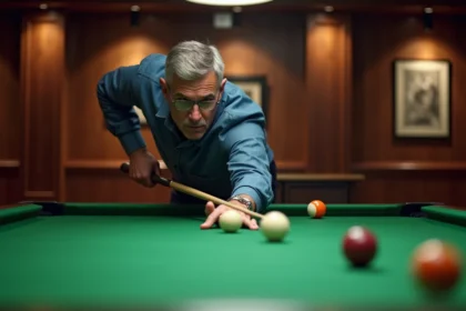 Homme d'âge moyen concentré en jouant au billard dans un salon chaleureux