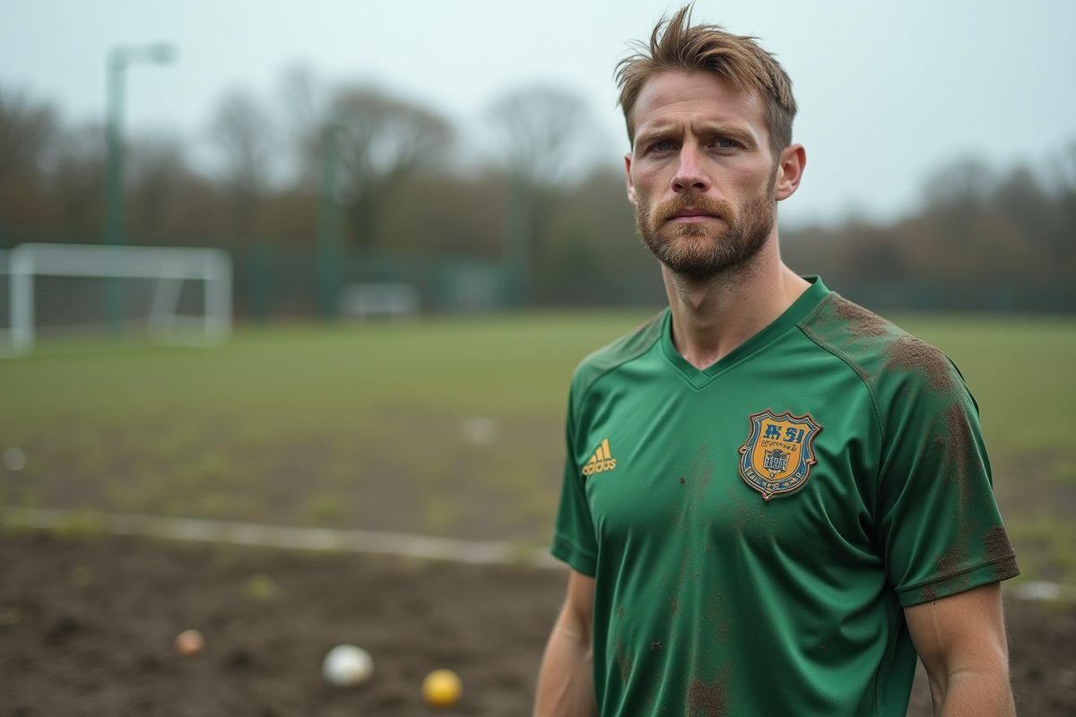 Joueur de football masculin en tenue verte boueuse sur un terrain usé