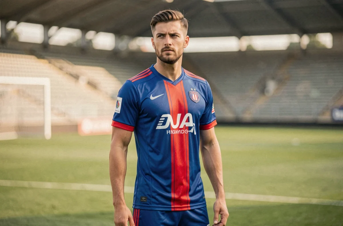 Joueur de football professionnel en maillot rouge et bleu sur la pelouse d'un stade, illustrant le salaire de Lucas Hernández avant son transfert au PSG