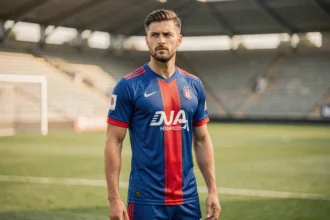 Joueur de football professionnel en maillot rouge et bleu sur la pelouse d'un stade, illustrant le salaire de Lucas Hernández avant son transfert au PSG