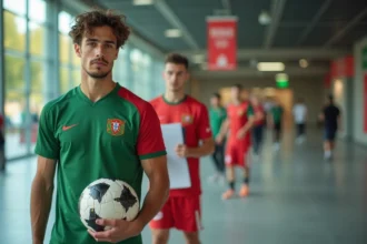 Joueur de handball tenant un dossier de démarches administratives devant un complexe sportif portugais
