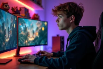 Jeune joueur concentré devant son PC gaming affichant des rangs de League of Legends sur double écran
